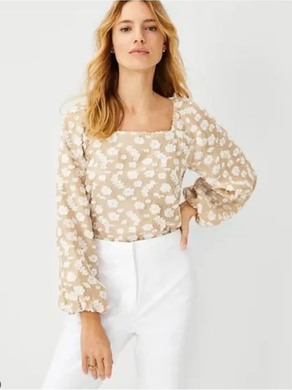 Ann Taylor Beige Floral Square-Neck Blouse with Balloon Sleeves